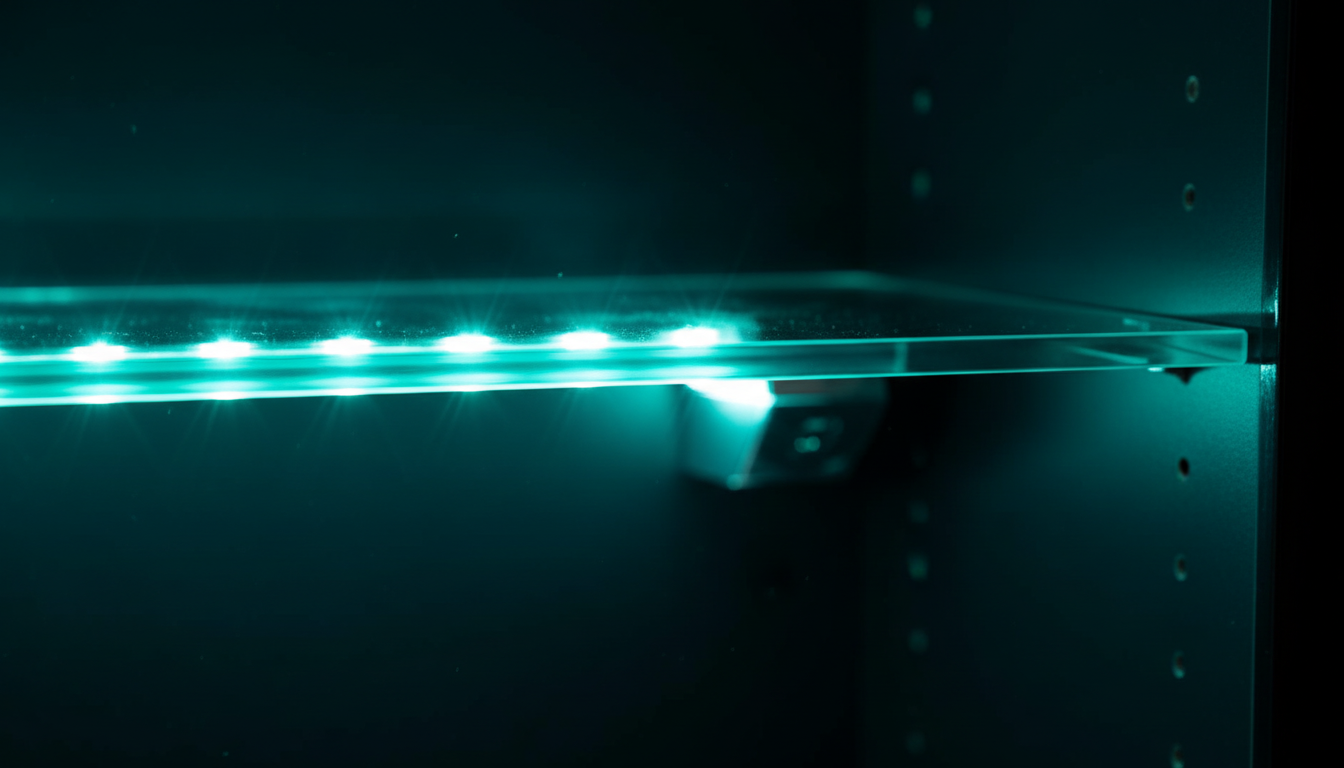 Best sideboard for gaming rooms and consoles in the UK 2026 Close-up of Astro sideboard tempered glass shelf illuminated by teal LED lighting with visible light refraction.