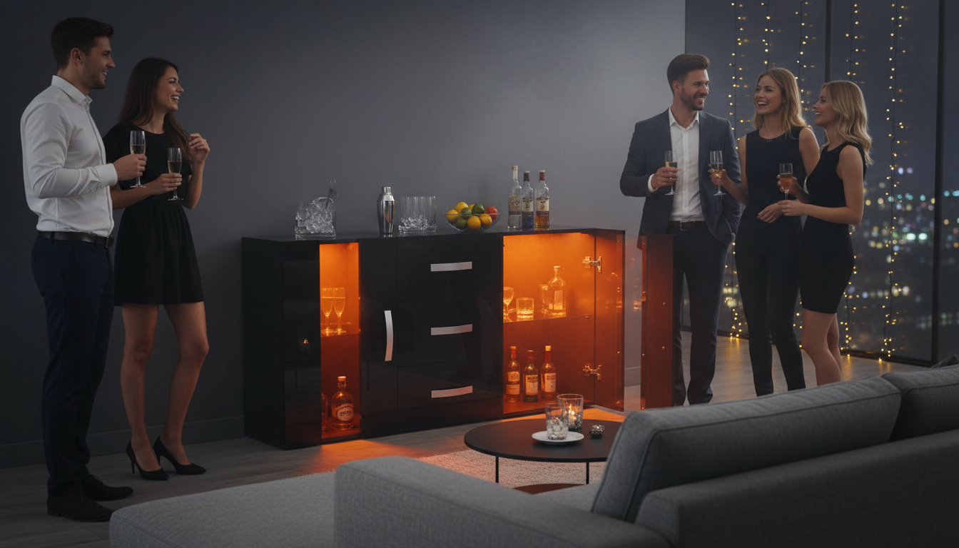 Best sideboard for gaming rooms and consoles in the UK 2026 Astro LED sideboard glowing in warm party mode with drinks arranged in a stylish living room at night.