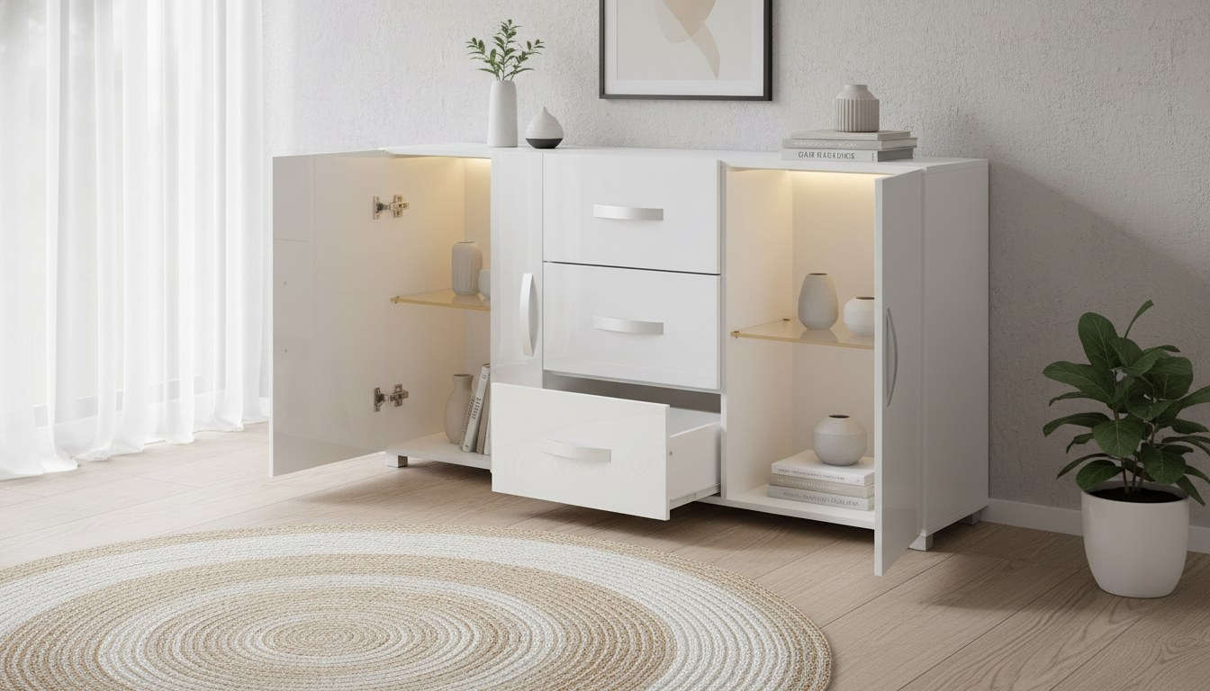 White Astro high-gloss LED sideboard glowing with soft gold light in a bright Scandinavian-style apartment. Best minimalist storage cabinet 