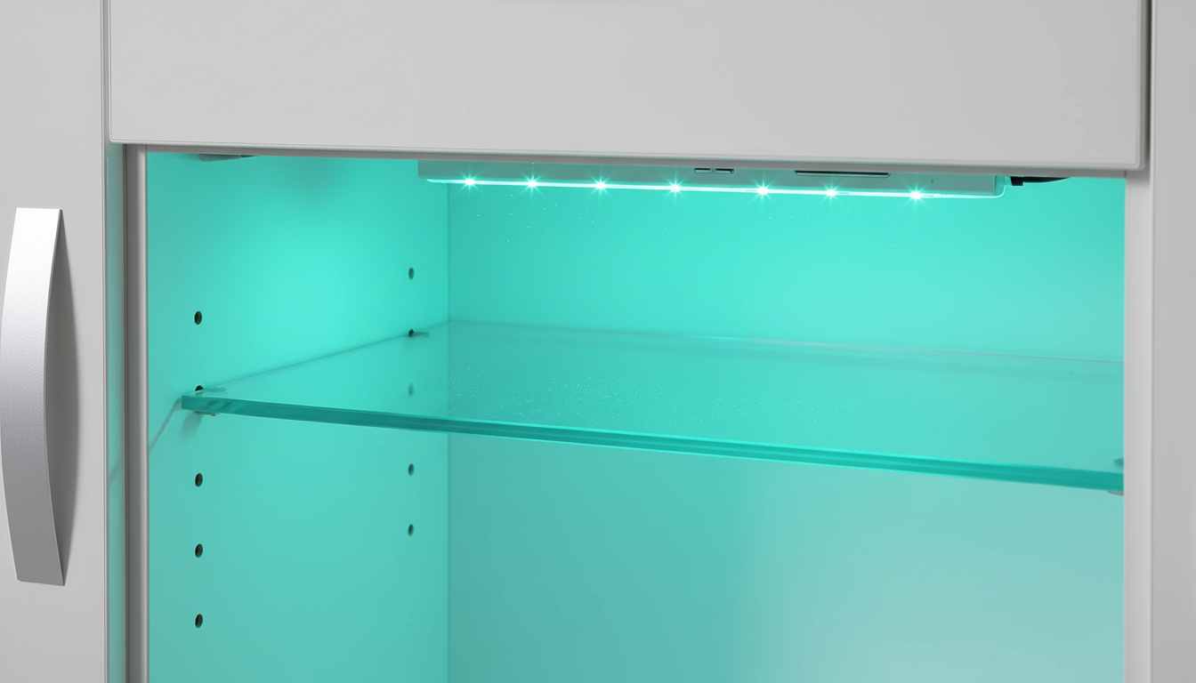 Close-up of Astro sideboard tempered glass shelf illuminated by teal LED light showing sharp refraction details.