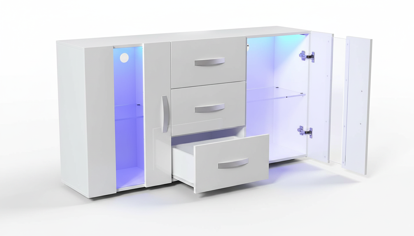 3D render of white Astro LED sideboard showing internal storage compartments and soft halo lighting underneath.