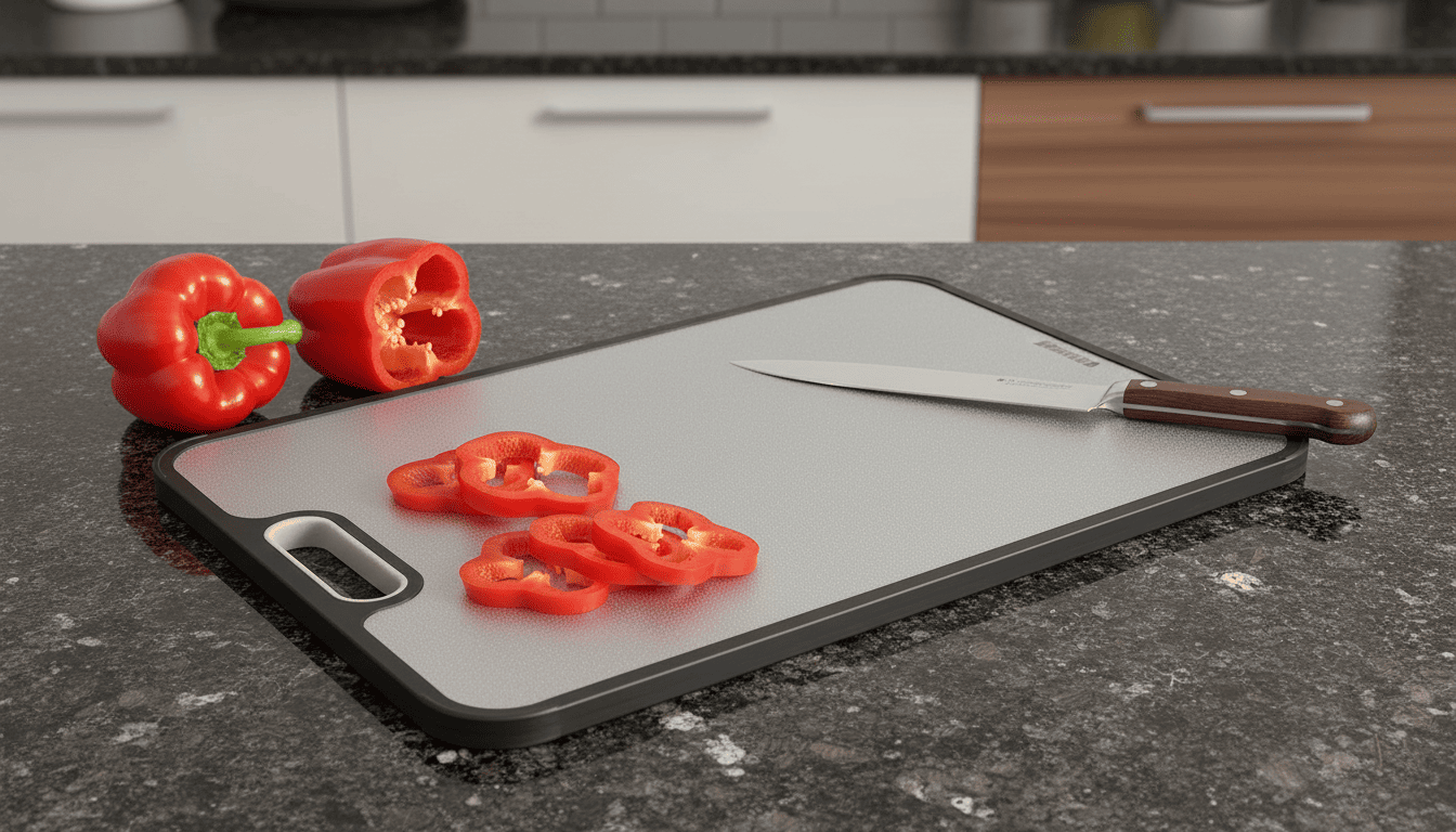 Large stainless steel cutting board with knife and sliced red peppers on a granite countertop. Best non-porous cutting board
