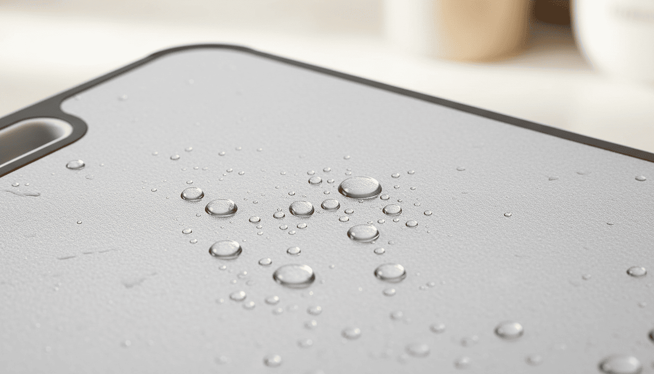 Water droplets beading on a stainless steel cutting board surface showing non-porous design.