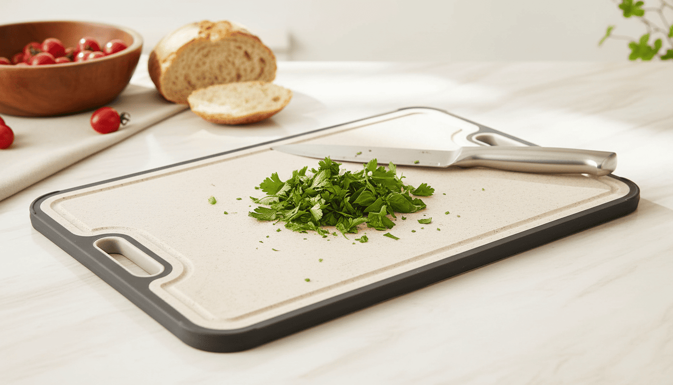 Wheat straw side of a dual-sided cutting board with fresh herbs and natural fiber texture.