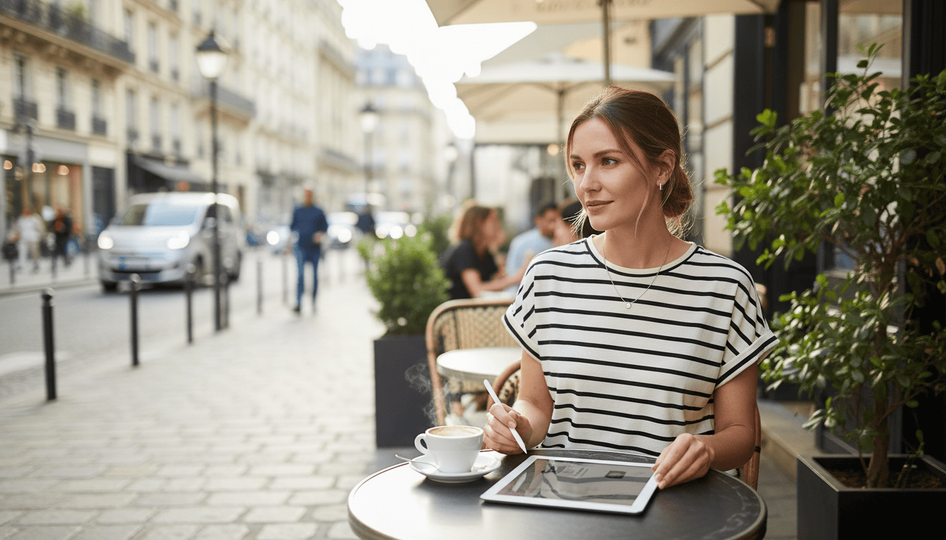 Best short sleeve striped tops for vacation in the UK 2026 Woman wearing a black and white striped top sitting at an outdoor café with coffee and tablet. Best short sleeve striped top