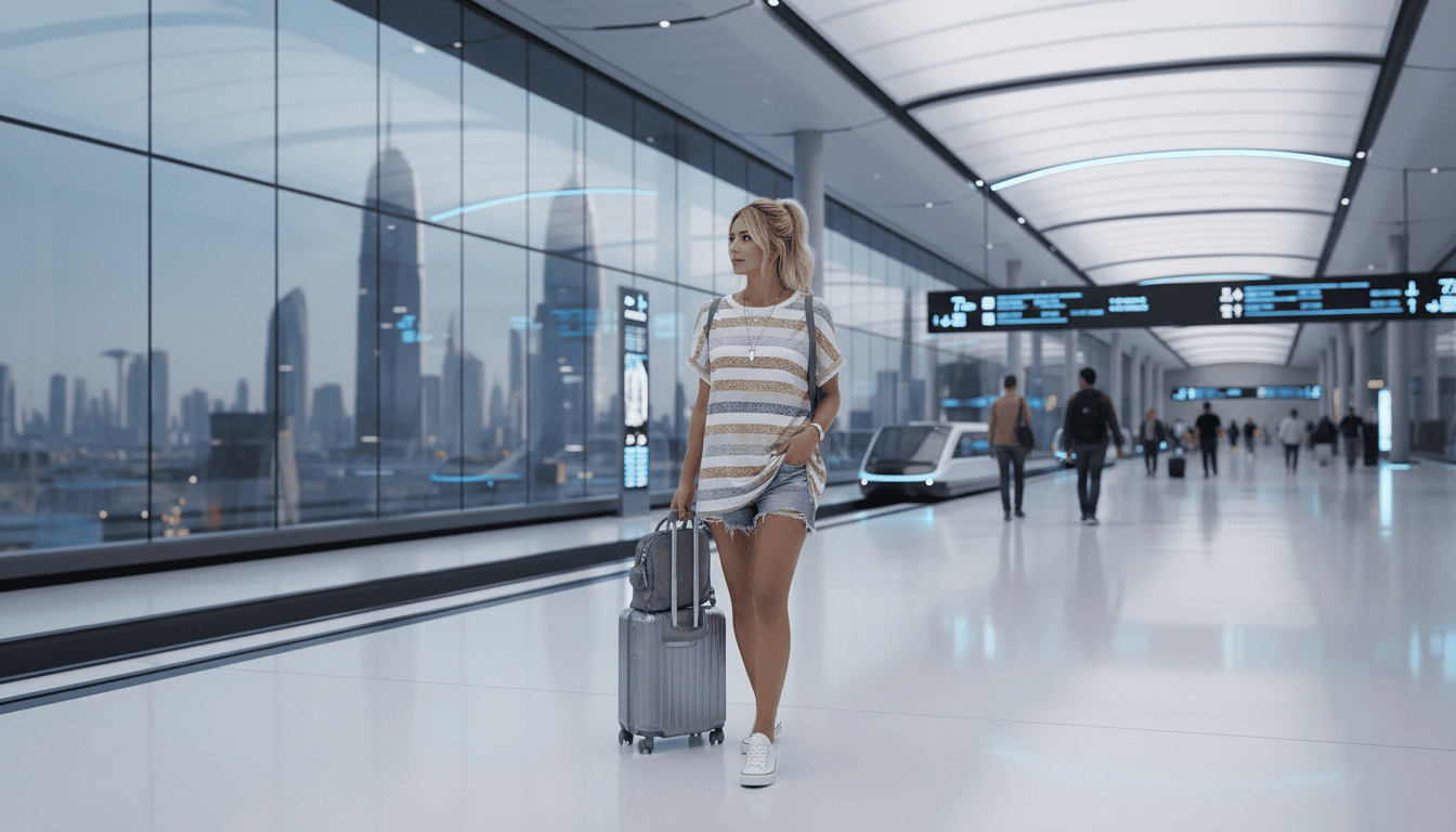 Best short sleeve striped tops for vacation in the UK 2026 Woman wearing a striped top and white sneakers walking through a modern airport. wiholl