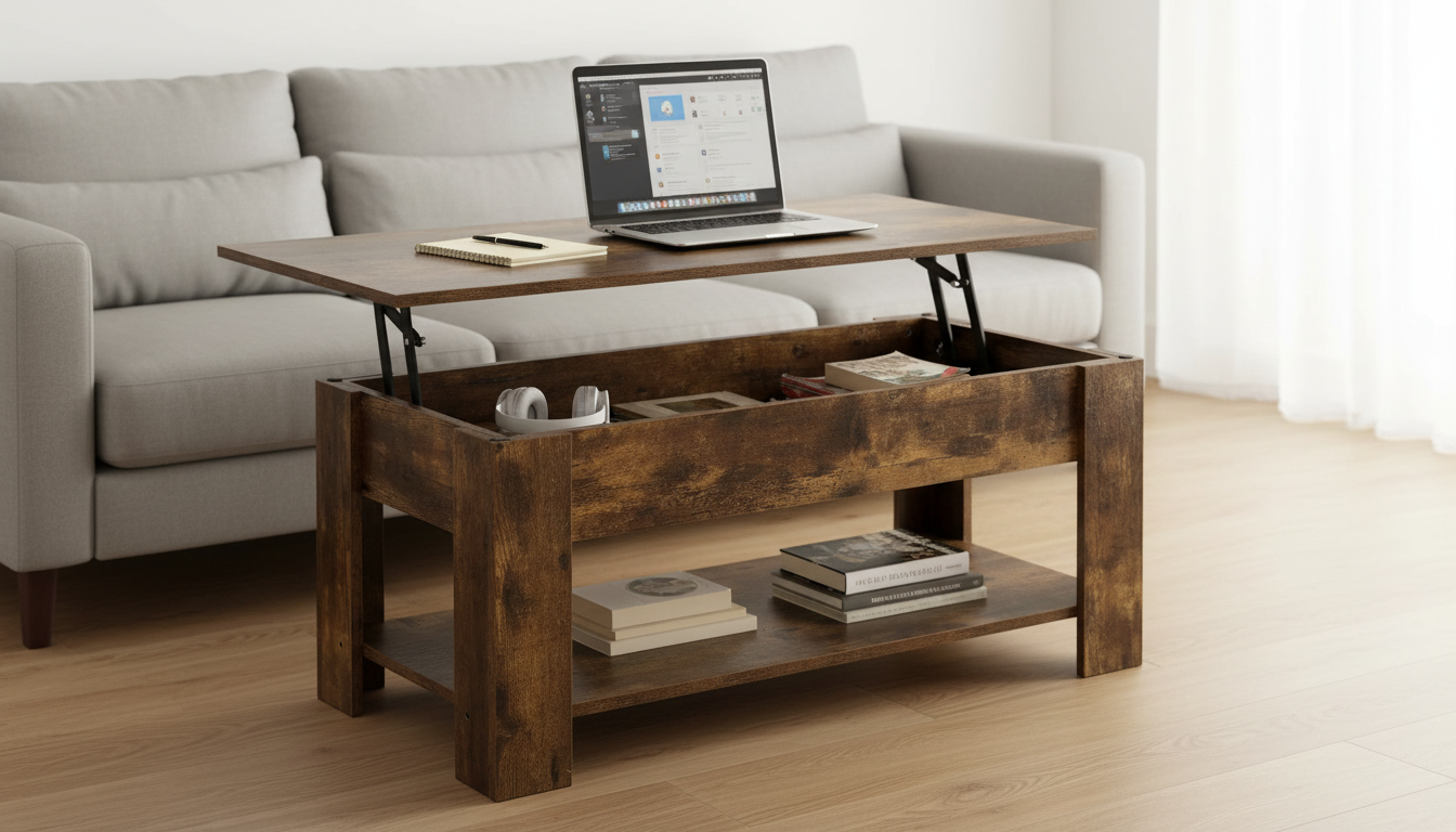 Dark espresso lift-top coffee table with raised surface holding a laptop and notebook in a bright minimalist living room. Best coffee table for small apartments.