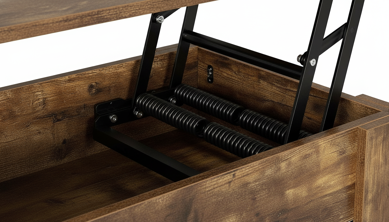 Close-up of a black metal spring-loaded lift mechanism inside a wooden coffee table.