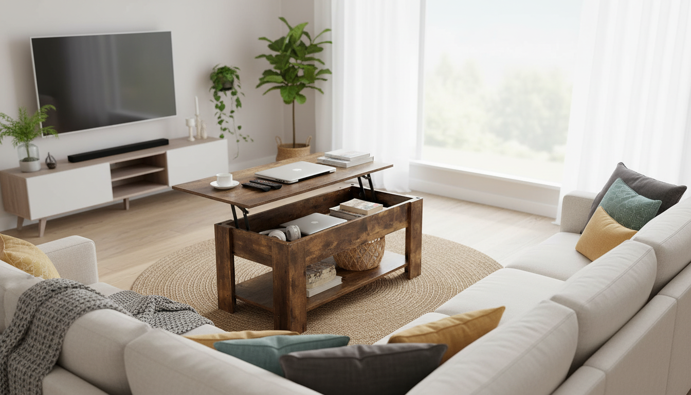 Living room with items like remotes and laptops neatly stored inside a coffee table hidden compartment.