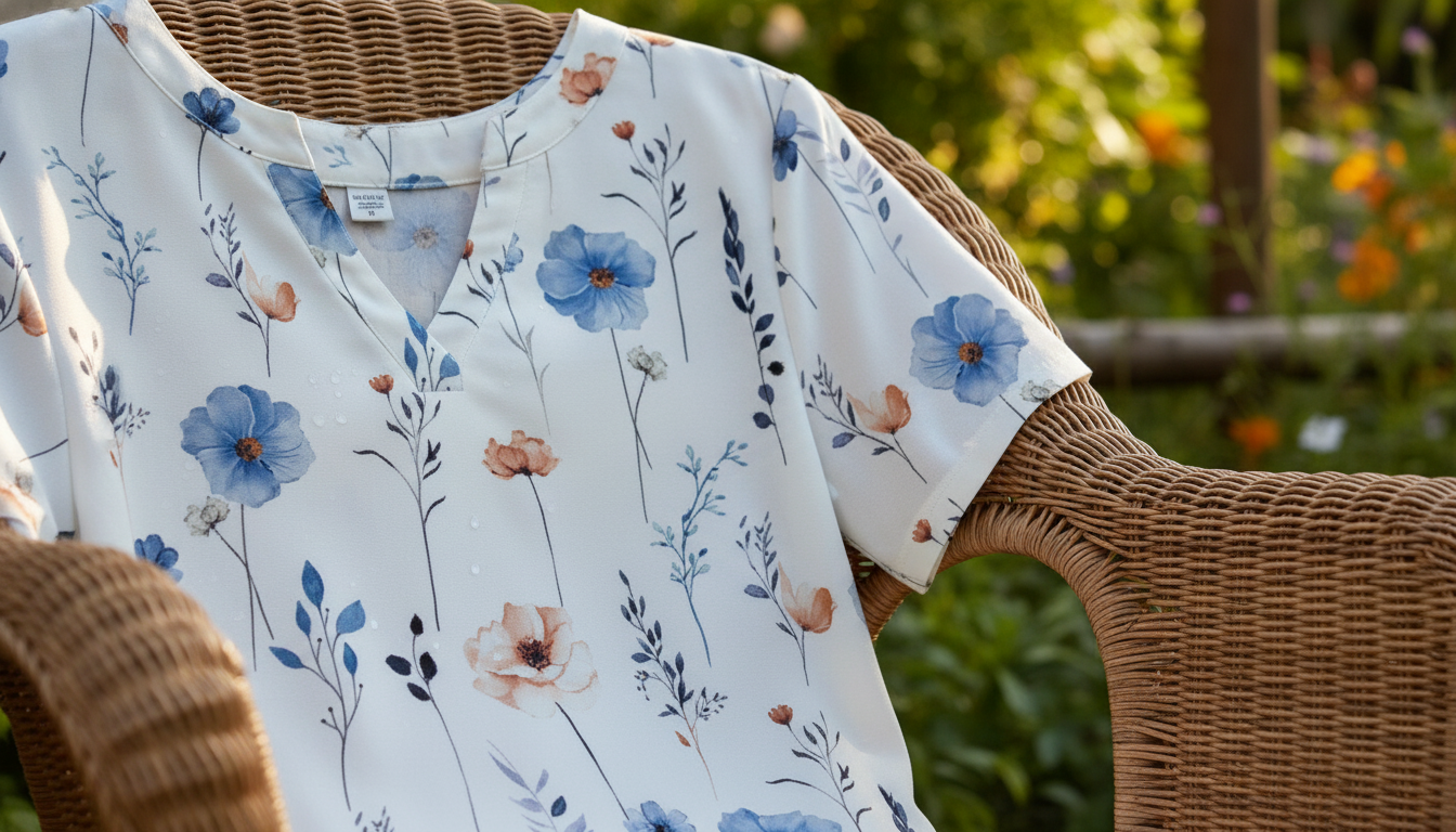 Close-up of Zeagoo white blouse with blue floral print draped over a chair in a garden.