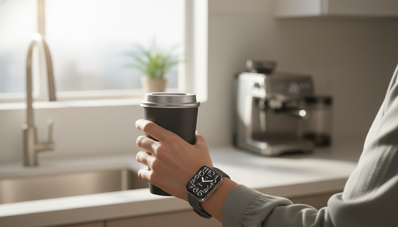 Best budget smartwatch for students in the UK Smartwatch on a person’s wrist holding a reusable coffee cup in a bright modern kitchen. Best budget smartwatch for students in the UK