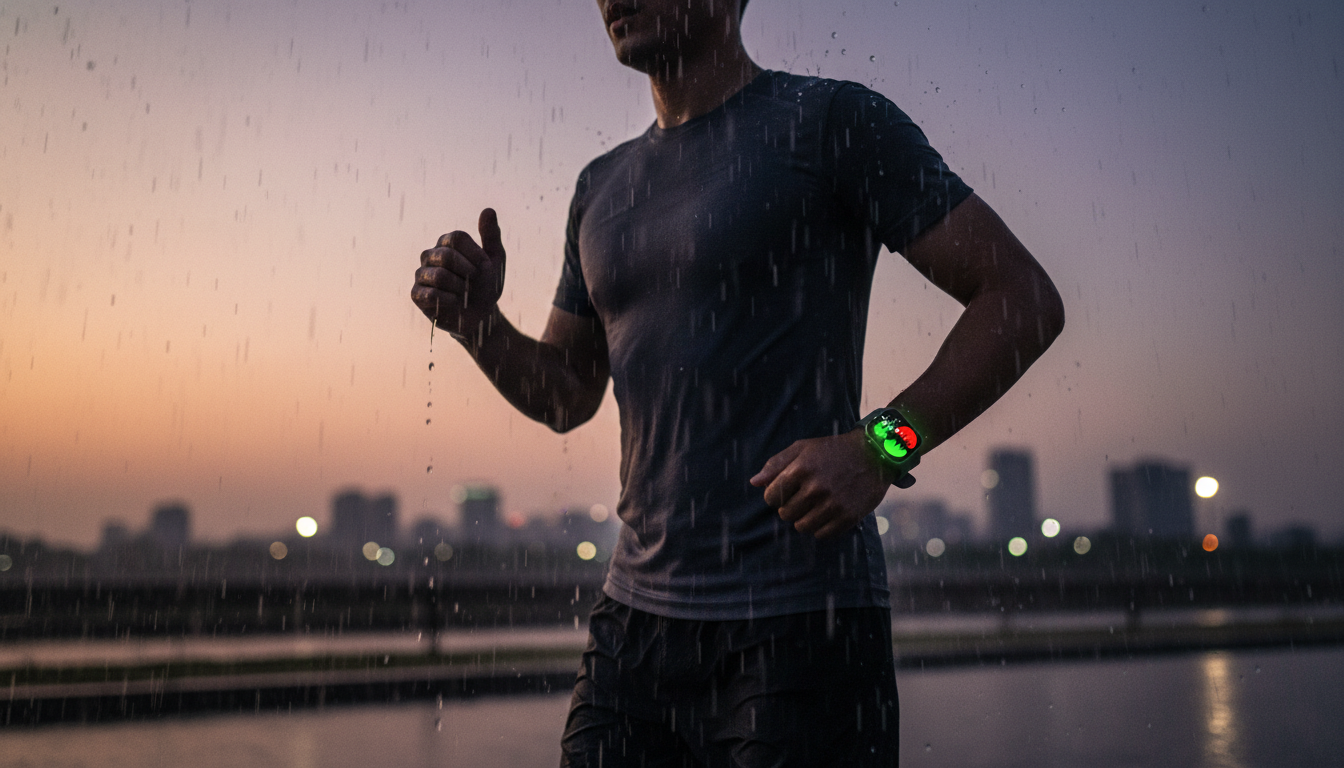 Best budget smartwatch for students in the UK Runner wearing a smartwatch displaying heart rate zones while running in the rain at dusk.