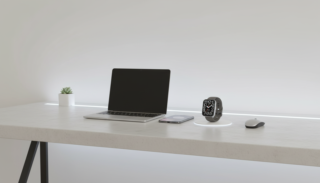 Best budget smartwatch for students in the UK Minimalist desk with a laptop, smartphone, and smartwatch charging on a magnetic dock.