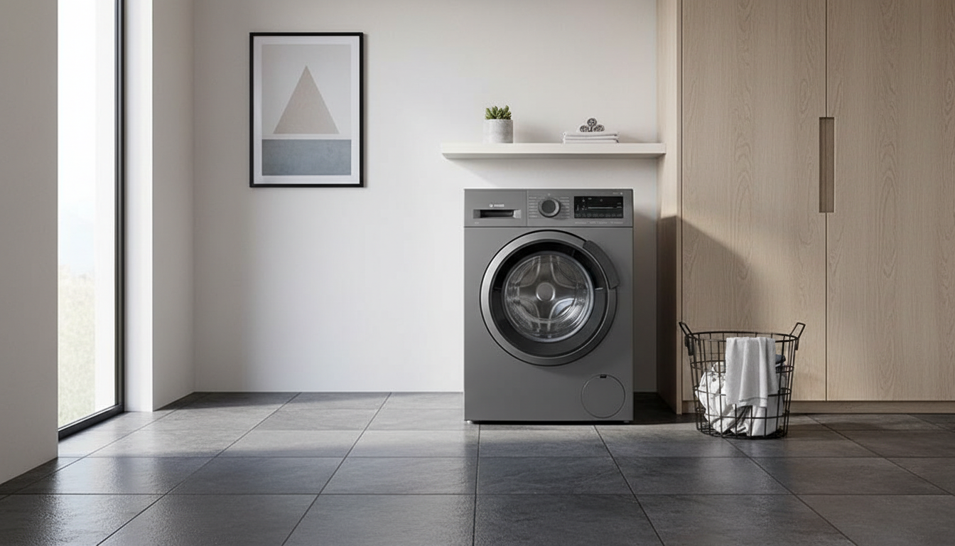 Best 9kg washing machine for large families in the UK Graphite grey Bosch Series 6 front-load washing machine in a modern utility room with slate tile flooring and soft natural light. Best 9kg washing machine for large families