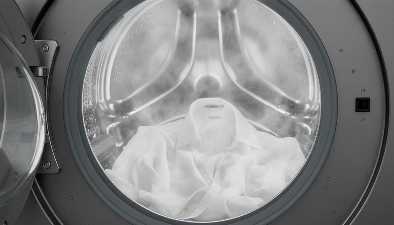 Best 9kg washing machine for large families in the UK White linen shirt inside a Bosch Series 6 washing machine drum being gently treated with steam for wrinkle reduction.