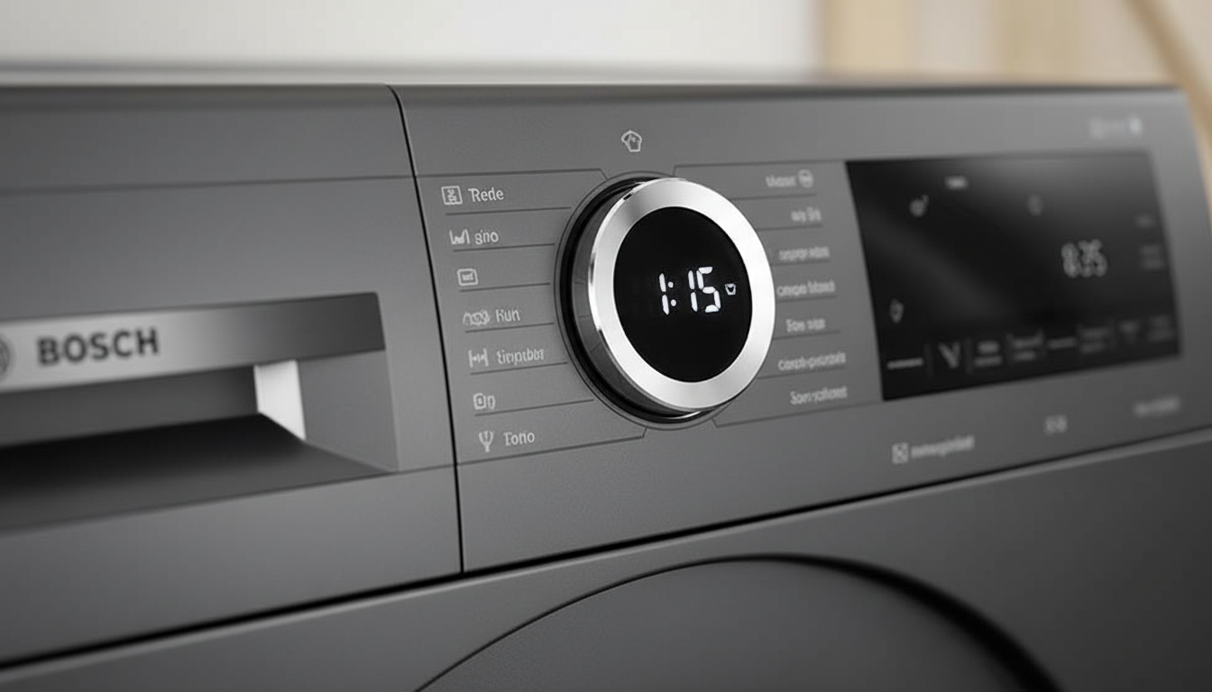 Best 9kg washing machine for large families in the UK Close-up of Bosch Series 6 washing machine LED display showing 1:15 cycle time with a precision control knob.