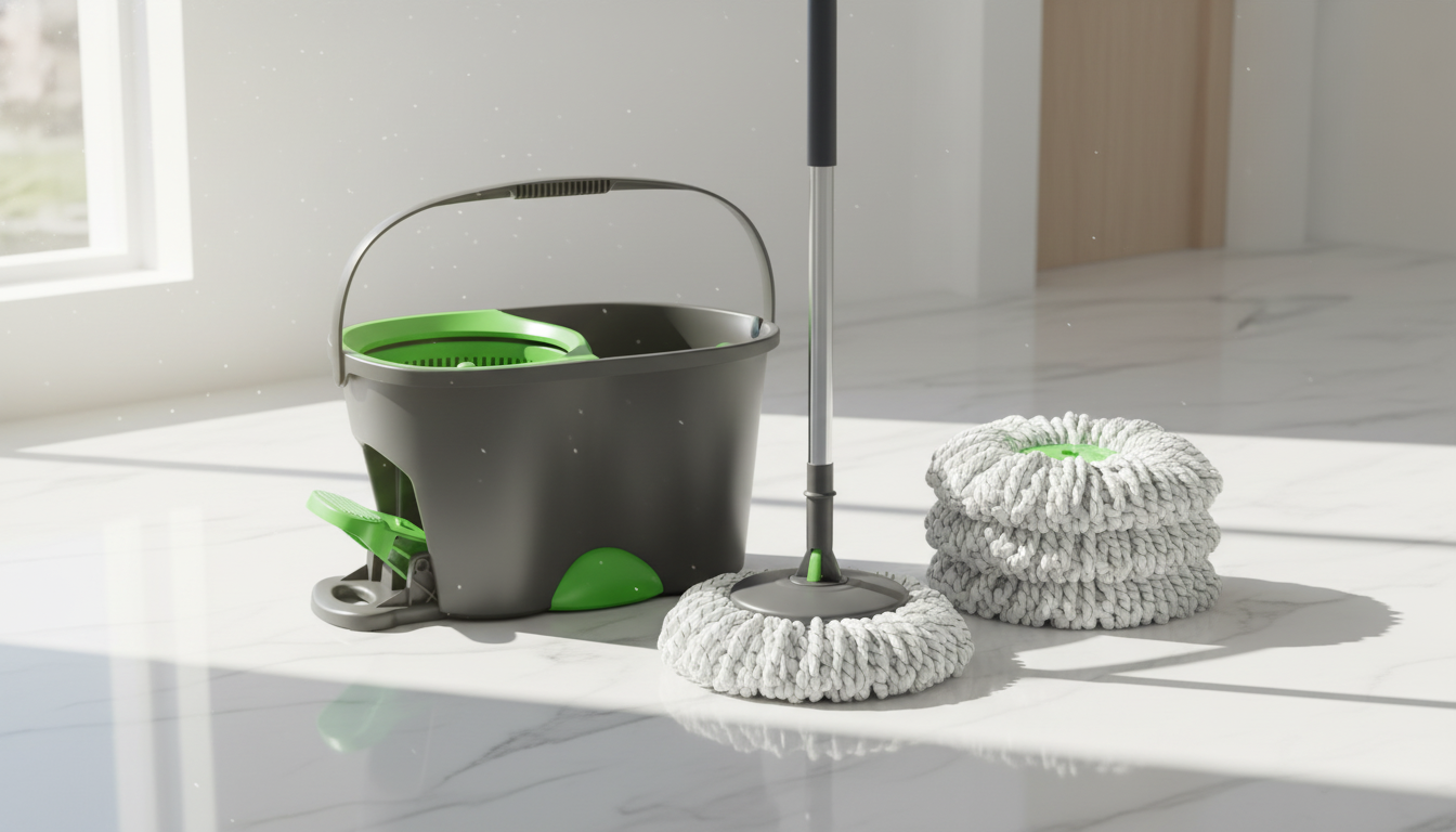 Best spin mop for deep cleaning floors in the UK 2026 The EHADOO Spin Mop and Bucket system in a bright, modern kitchen with all 6 white microfiber heads displayed. Best spin mop for deep cleaning floors