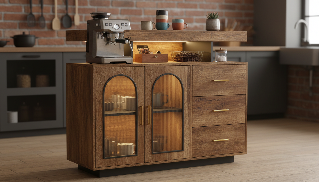 Rustic brown LED coffee bar cabinet with an espresso machine and ceramic mugs on top in a cozy kitchen setup. Best farmhouse coffee station