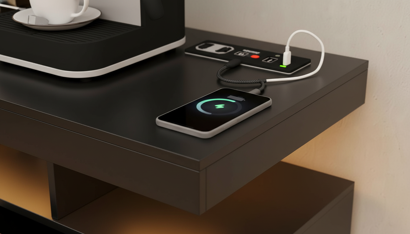 Built-in power strip on a wooden coffee bar cabinet with a USB-C cable charging a smartphone.