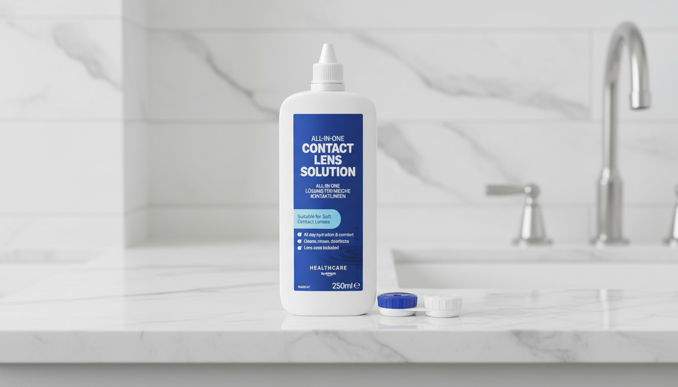 Best multi-purpose solution for soft contact lenses in the UK 250ml blue and white contact lens solution bottle on a clean, minimalist bathroom shelf with a clinical aesthetic. Best multi-purpose solution for soft contact lenses