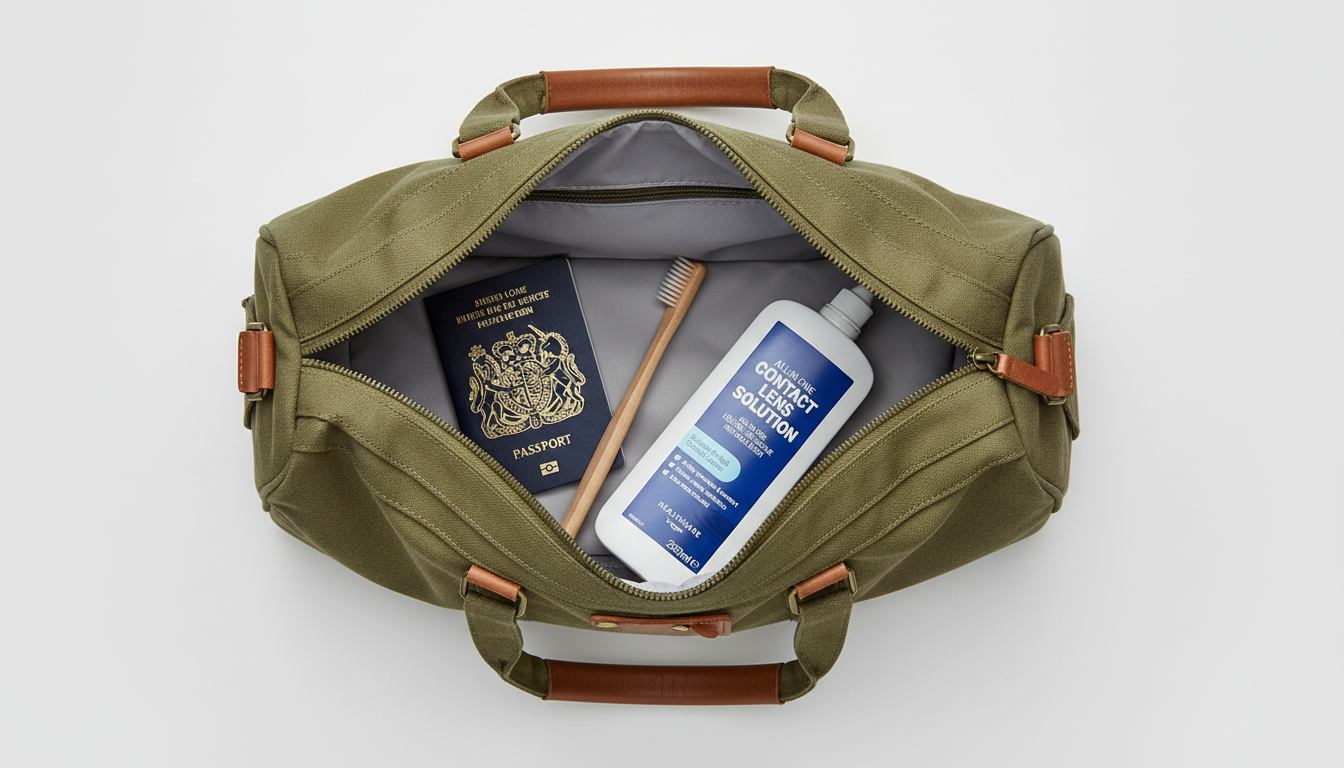 Best multi-purpose solution for soft contact lenses in the UK Travel bag flat-lay with a passport, toothbrush, and a compact 250ml contact lens solution bottle.