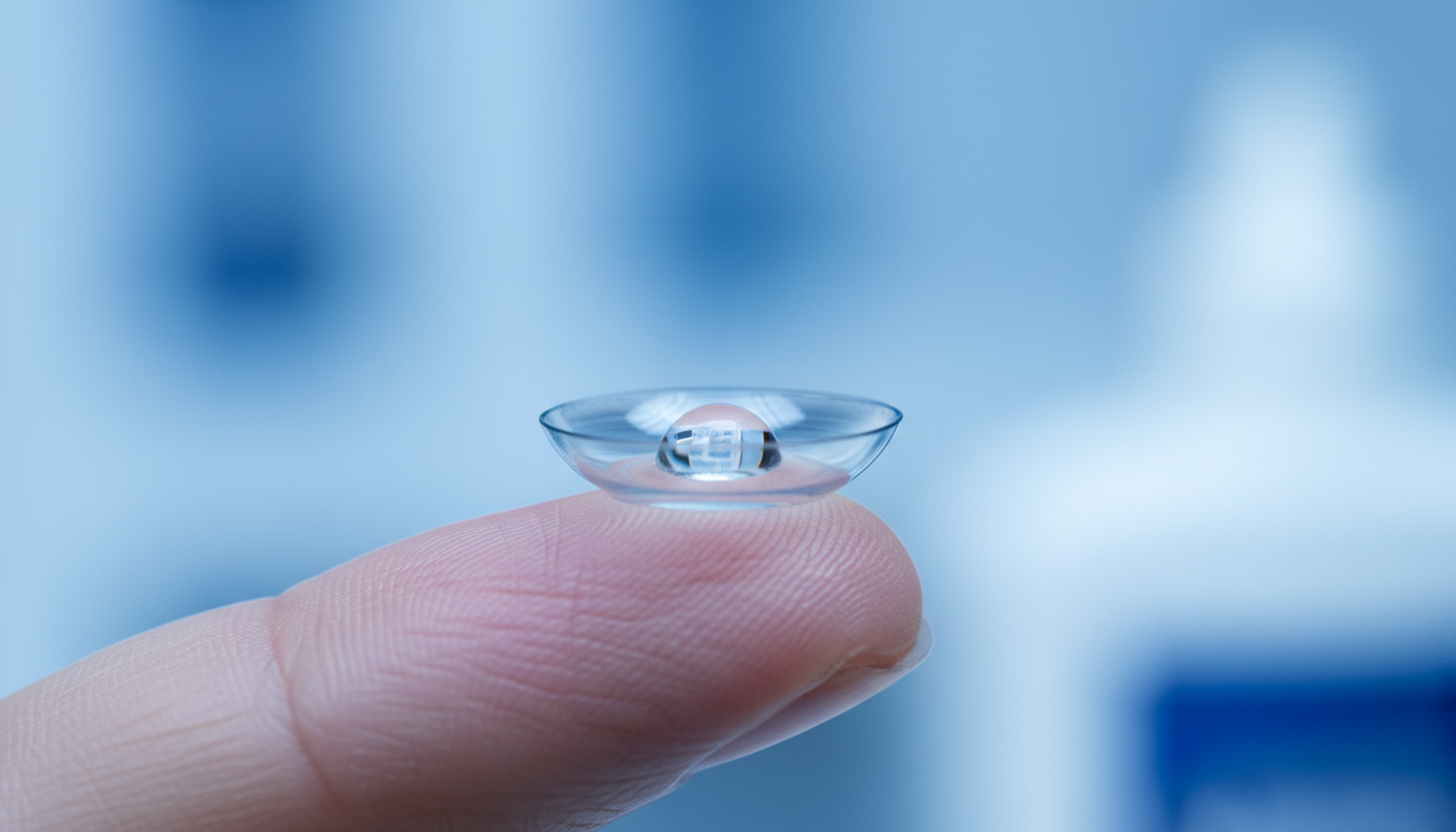 Best multi-purpose solution for soft contact lenses in the UK Soft contact lens on a fingertip with a drop of solution glistening on its surface in soft blue lighting.