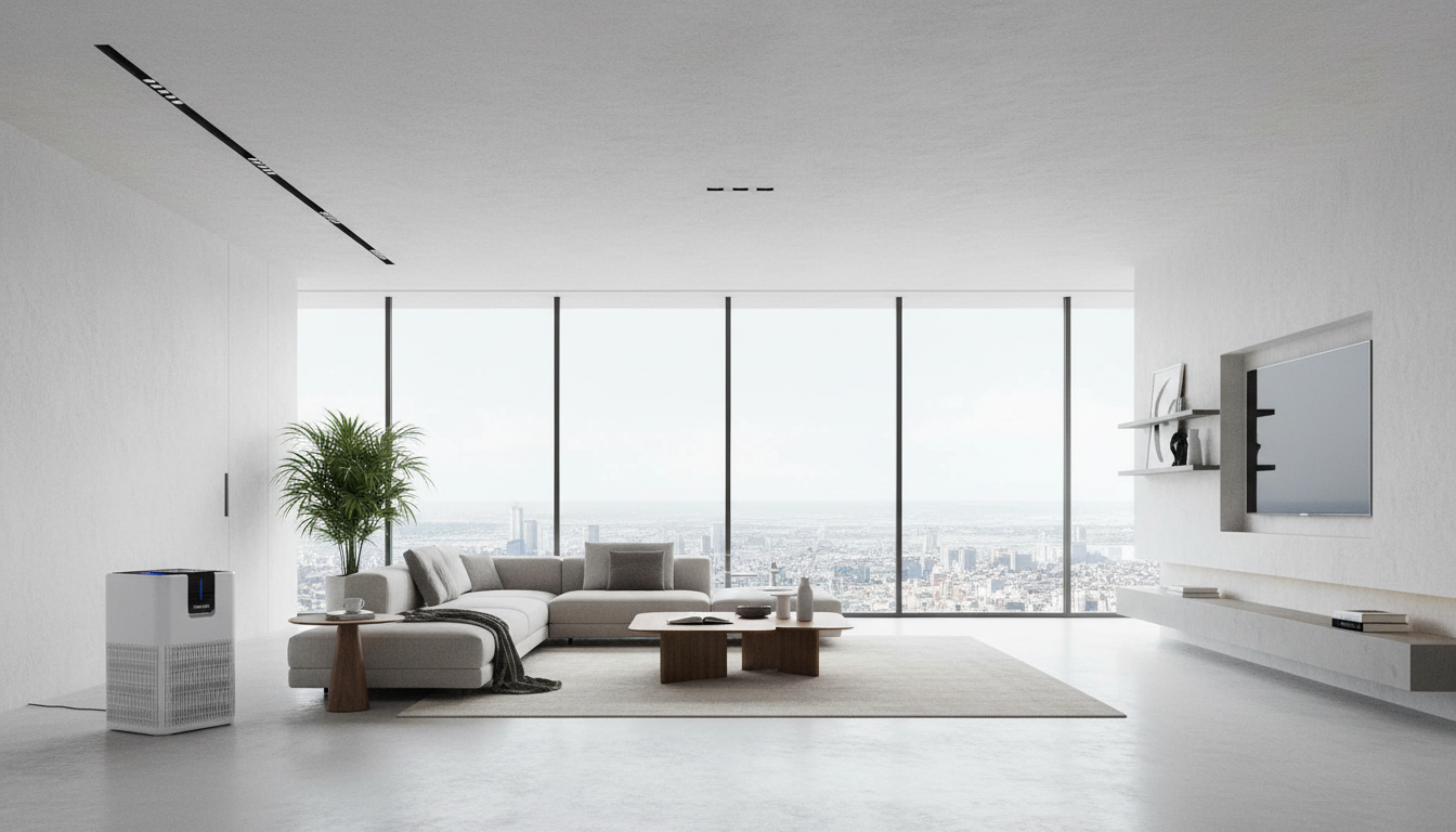 Best air purifier for pet hair and dander large room in the Uk Sleek white tower air purifier in a bright modern living room with large windows and an open floor plan. Best air purifier.