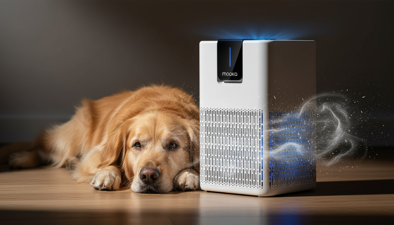 Best air purifier for pet hair and dander large room in the Uk Golden retriever resting beside an air purifier as visible dust particles are drawn into its vents on a wooden floor.