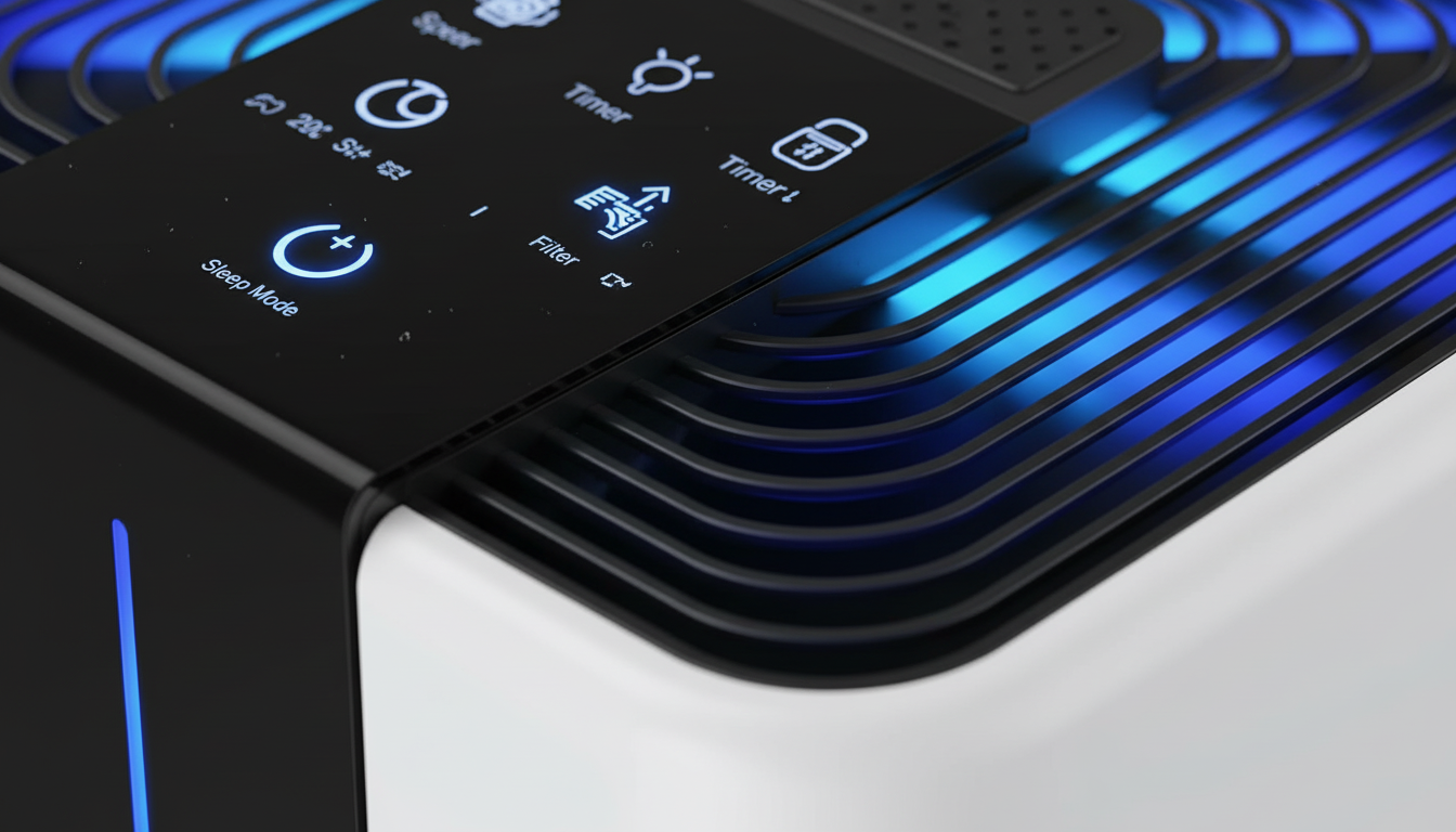 Best air purifier for pet hair and dander large room in the Uk Close-up of an air purifier touch control panel with glowing blue lights highlighting sleep mode and filter icons.