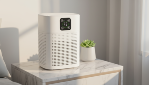 Minimalist white air purifier on a marble nightstand with soft sunlight and a green plant in a bright, airy room. Best H13 HEPA air purifier for bedrooms