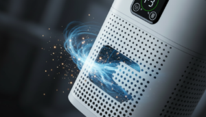 Close-up of an air purifier vent pulling in glowing dust particles through a swirling blue airflow.