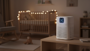 Air purifier with a soft blue light on a shelf in a cozy nursery, with a crib blurred in the background at night.