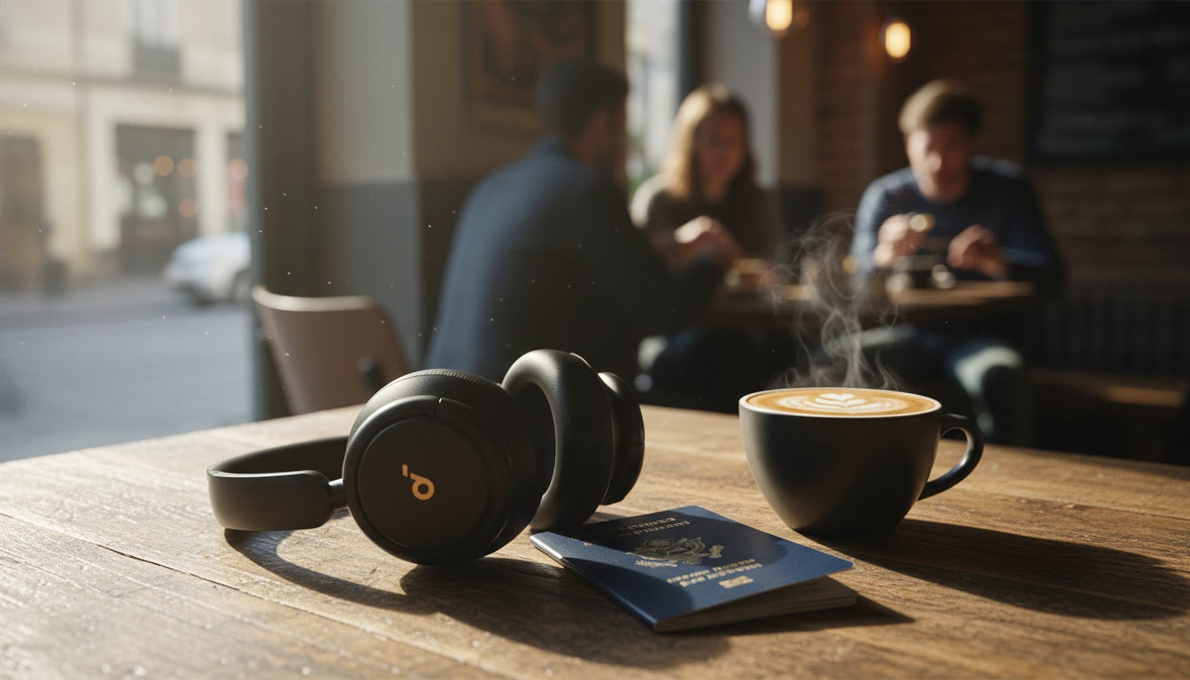 Soundcore Q30 headphones on a café table beside a passport and a cup of coffee in soft morning light. Best budget ANC headphones for travel