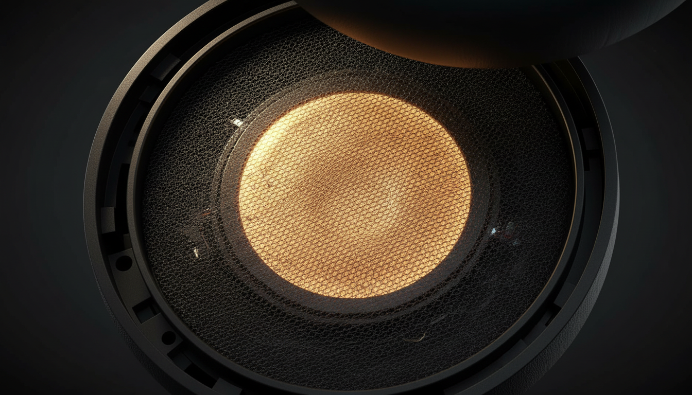 Close-up of headphone earcup mesh revealing a 40mm driver with golden light reflecting off the diaphragm.