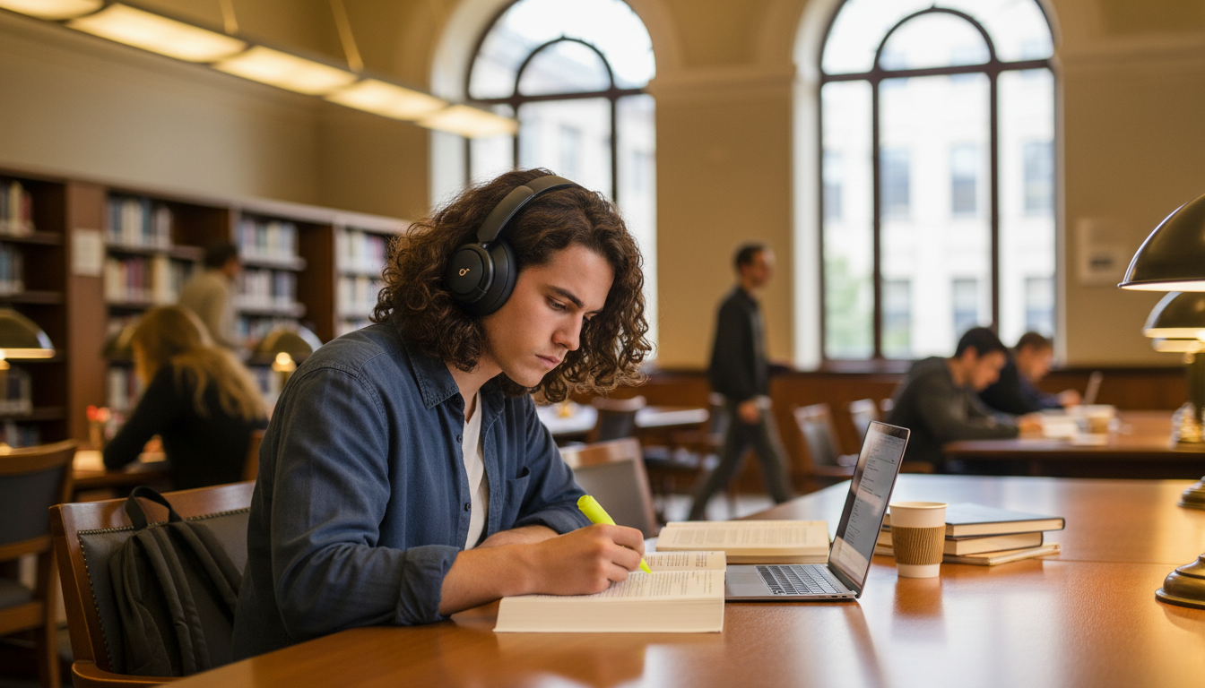 Student wearing over-ear headphones studying in a busy modern library with a blurred background.