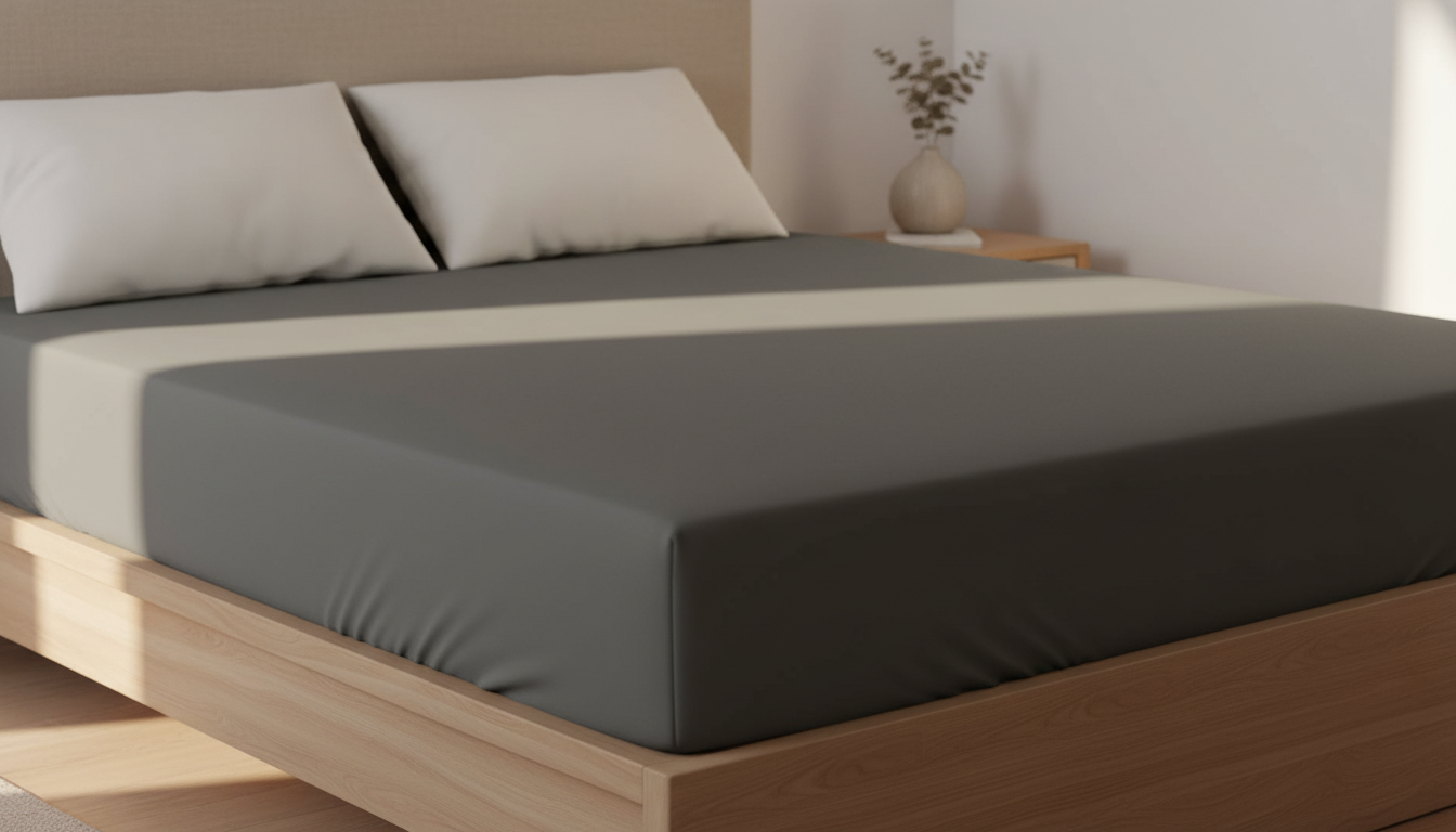 Best deep pocket fitted sheets for 14-inch mattresses Soft grey fitted bed sheet stretched smoothly over a mattress, illuminated by warm morning sunlight. Best deep pocket fitted sheets.