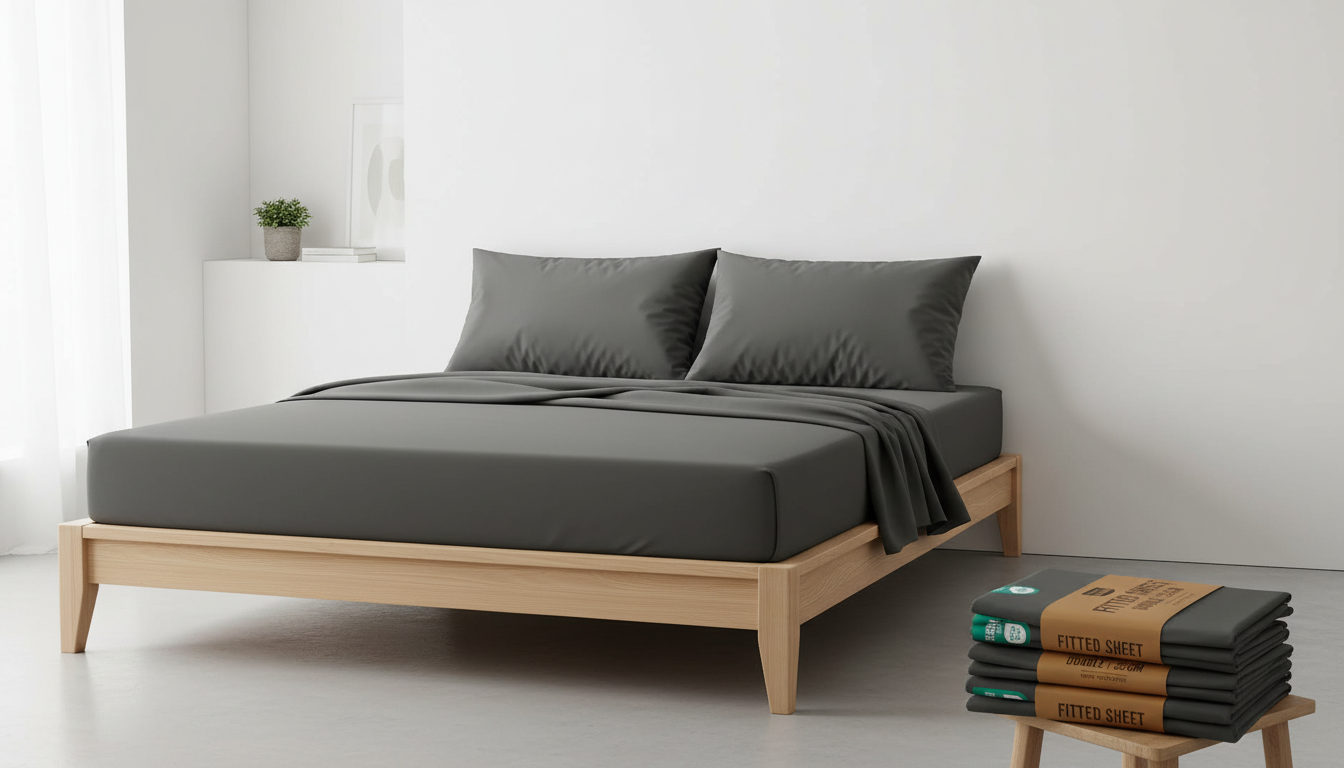 Best deep pocket fitted sheets for 14-inch mattresses Minimalist bedroom with charcoal grey bedding and a stack of neatly folded grey fitted sheets on a wooden bed.