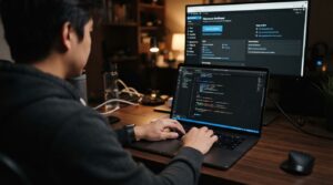 Over-the-shoulder view of a developer coding on a laptop with the WordPress dashboard visible in the background.