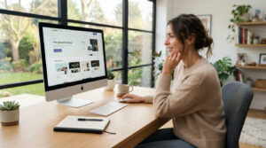 Creative entrepreneur browsing the Shopify Theme Store on a large iMac in a bright, modern home office with a notebook and coffee. best shopify themes