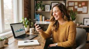 Entrepreneur smiling while checking e-commerce sales notifications on a smartphone in a bright home office. shopify vs woocommerce
