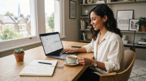 Creative entrepreneur working on a laptop displaying an e-commerce dashboard in a bright London home office with a cup of tea and notebook. Online Store