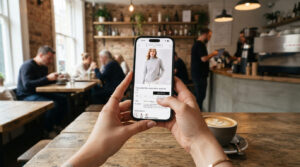 POV of a person holding a modern smartphone displaying a mobile-optimized e-commerce product page for a premium UK brand in a blurred coffee shop.