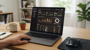 Modern laptop displaying an e-commerce dashboard with sales charts and product listings on a minimalist home office desk. shopify pricing uk