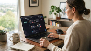 Laptop displaying an email marketing automation workflow with customer journey visualization in a modern home office.