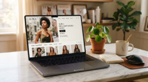 MacBook displaying a stylish fashion e-commerce website on a marble desk in a modern creative workspace. best shopify themes