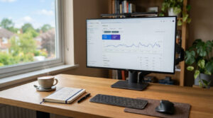 Large monitor displaying Google Search Console performance graphs and search query analytics on a clean modern desk. shopify seo