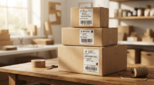 Stack of neatly organized cardboard shipping boxes with modern shipping labels on a wooden table in warm morning sunlight.
