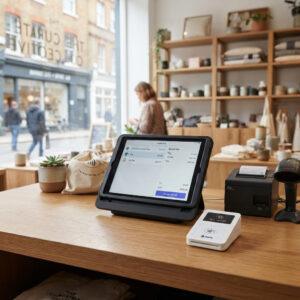Shopify POS card reader beside a tablet displaying an online store on a modern retail counter.