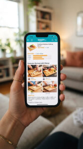 Smartphone displaying an e-commerce product page with customer star ratings and photo reviews.