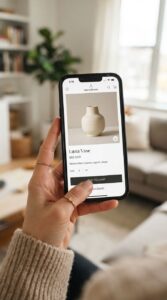 Woman holding a smartphone displaying a clean, minimalist e-commerce product page with modern typography.